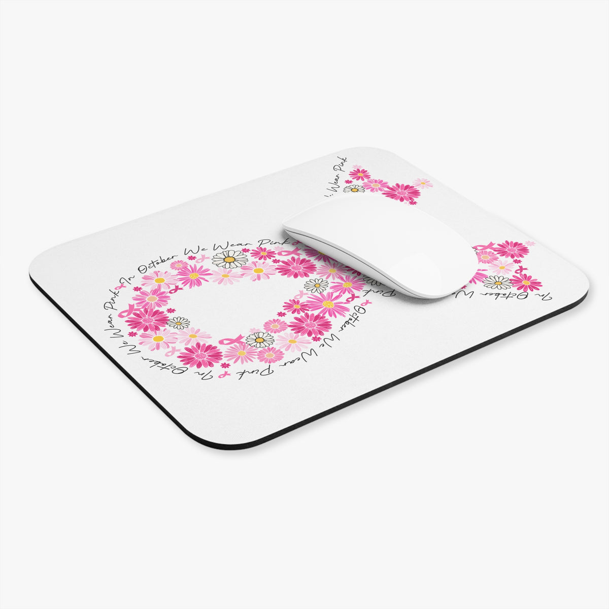 Pink Floral Awareness Ribbon Mouse Pad — Breast Cancer Support Desk Mat