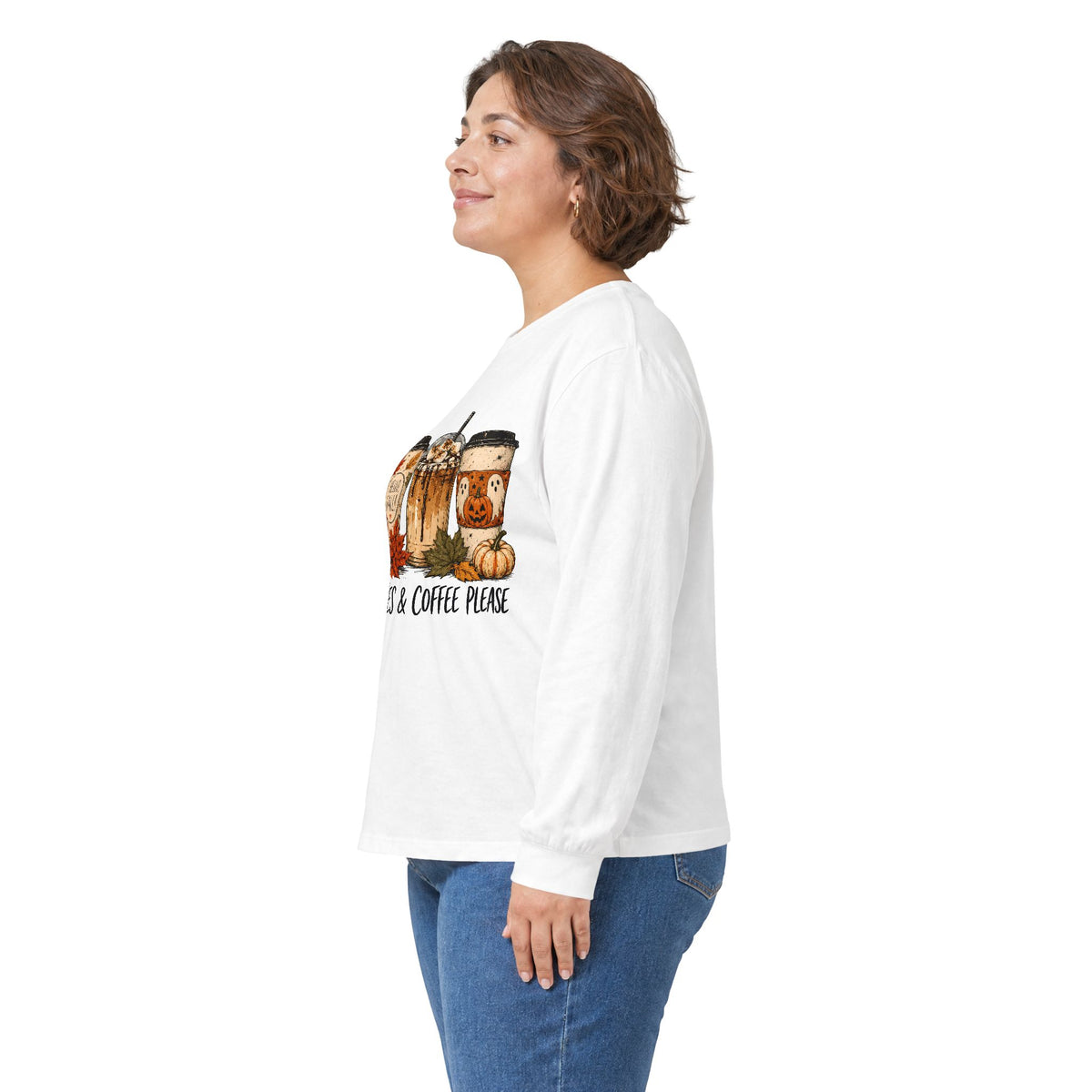 Autumn Leaves & Coffee People Long Sleeve Tee — Cozy Fall Coffee Graphic Shirt