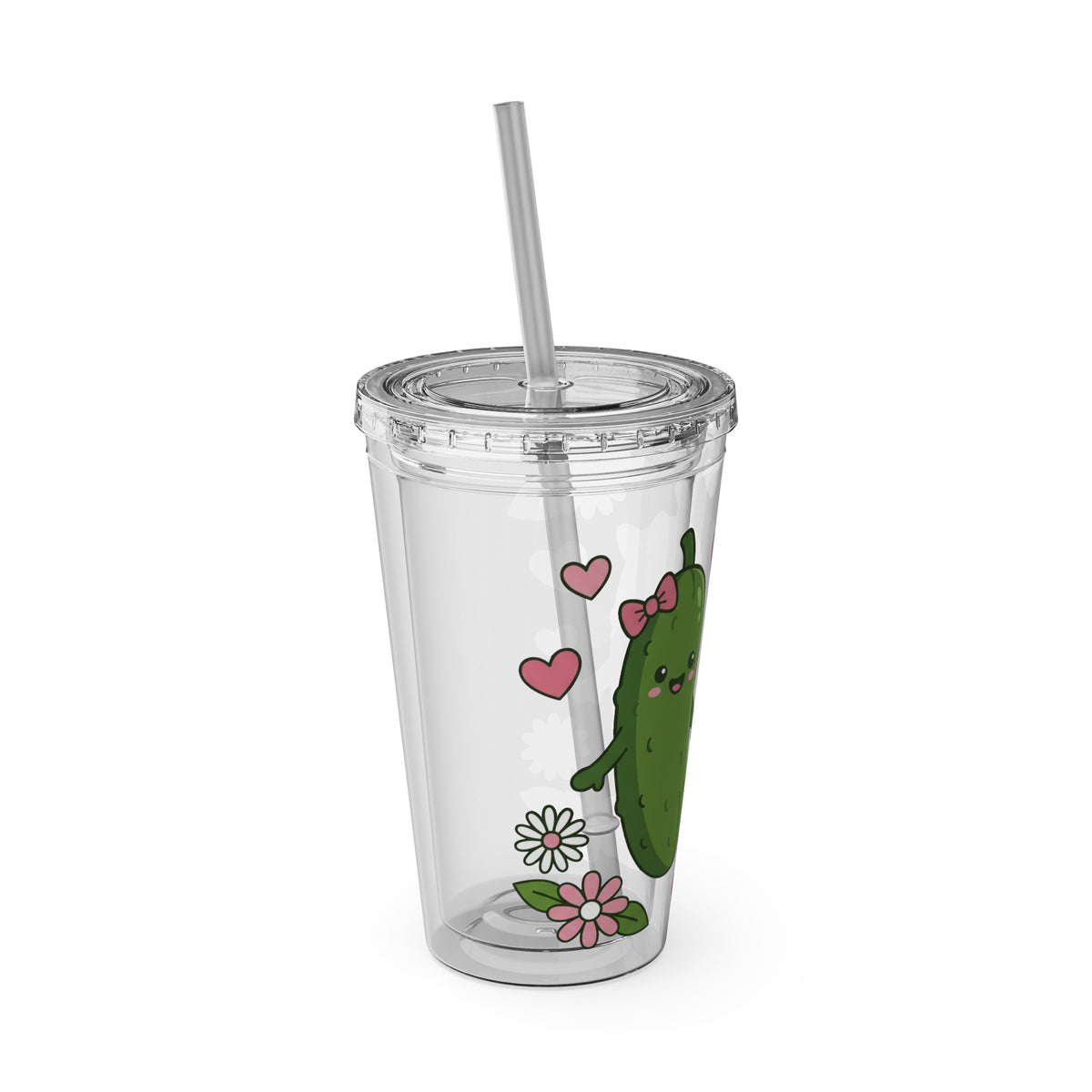 Front Design - Cute Pickle Couple Tumbler — 16oz Acrylic Cup with Straw, Kawaii Hearts & Flowers