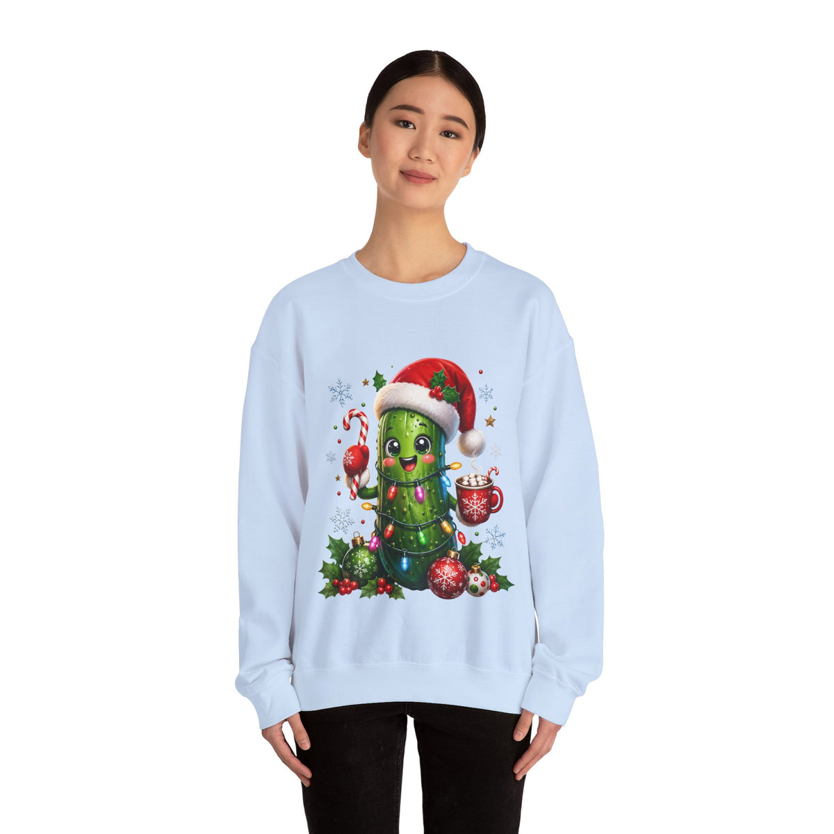 Christmas Pickle Sweatshirt – Cute Santa Hat Pickle with Candy Cane & Hot Cocoa