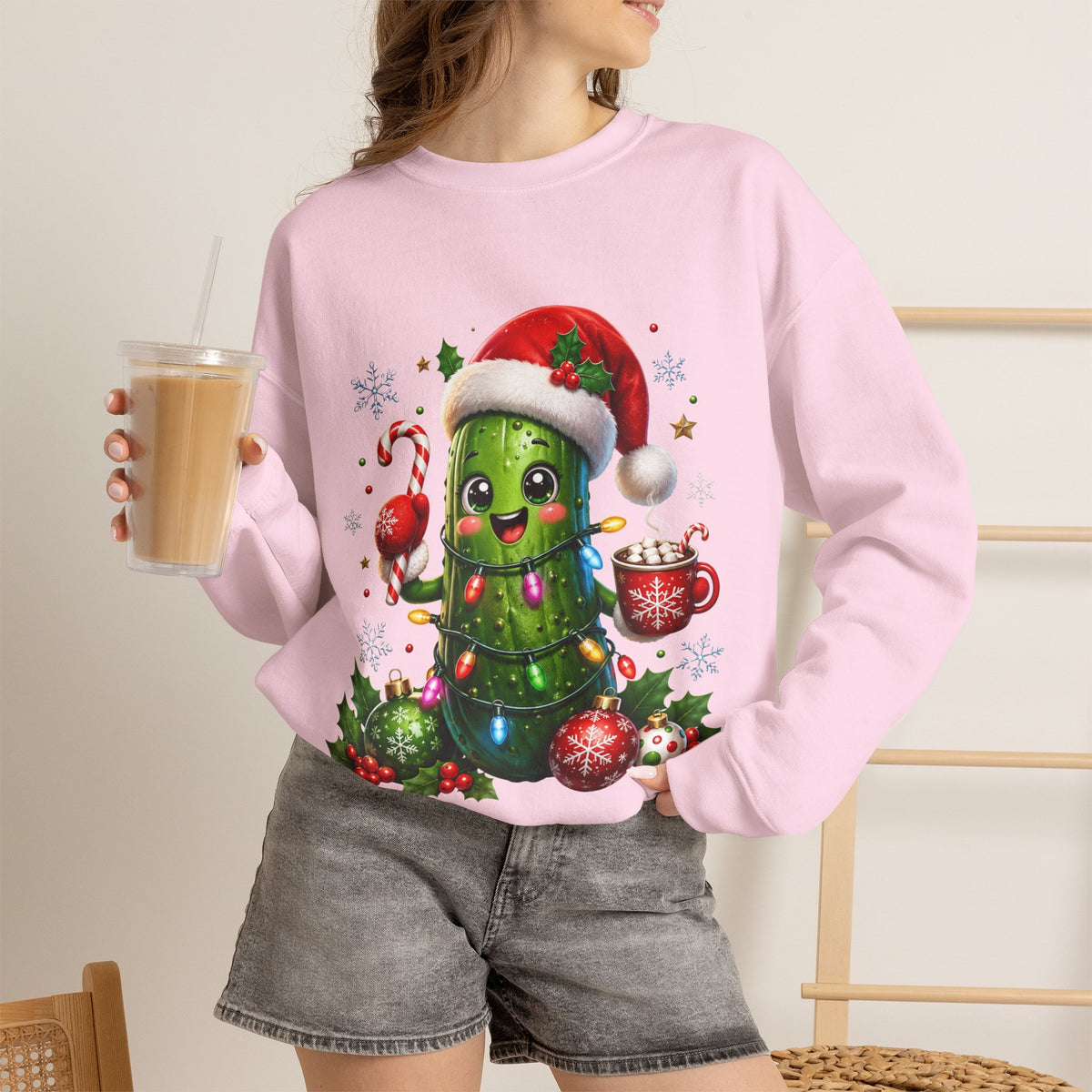 Christmas Pickle Sweatshirt – Cute Santa Hat Pickle with Candy Cane & Hot Cocoa