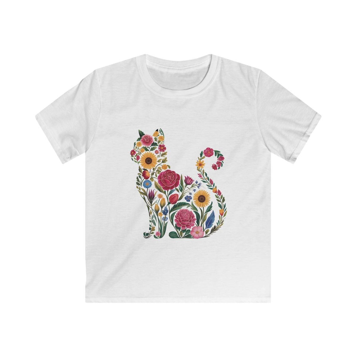 Kids Tee - Cute Botanical Floral Kitten Tee for Girls & Boys