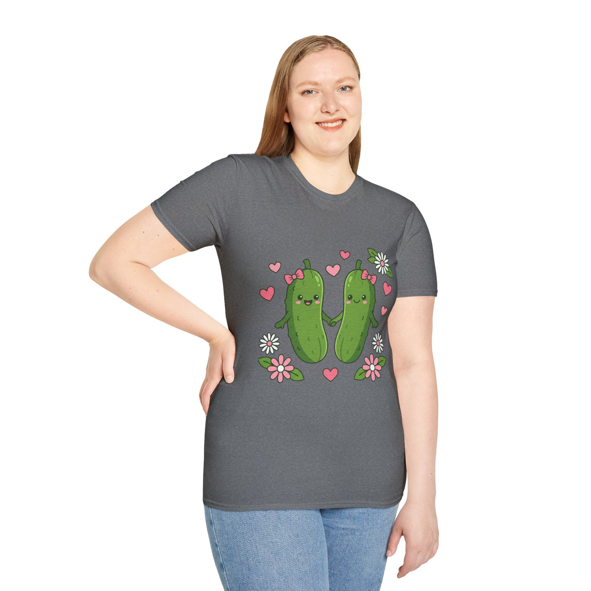Cute Pickle Couple T-Shirt — Kawaii Matching Pickles with Hearts & Flowers