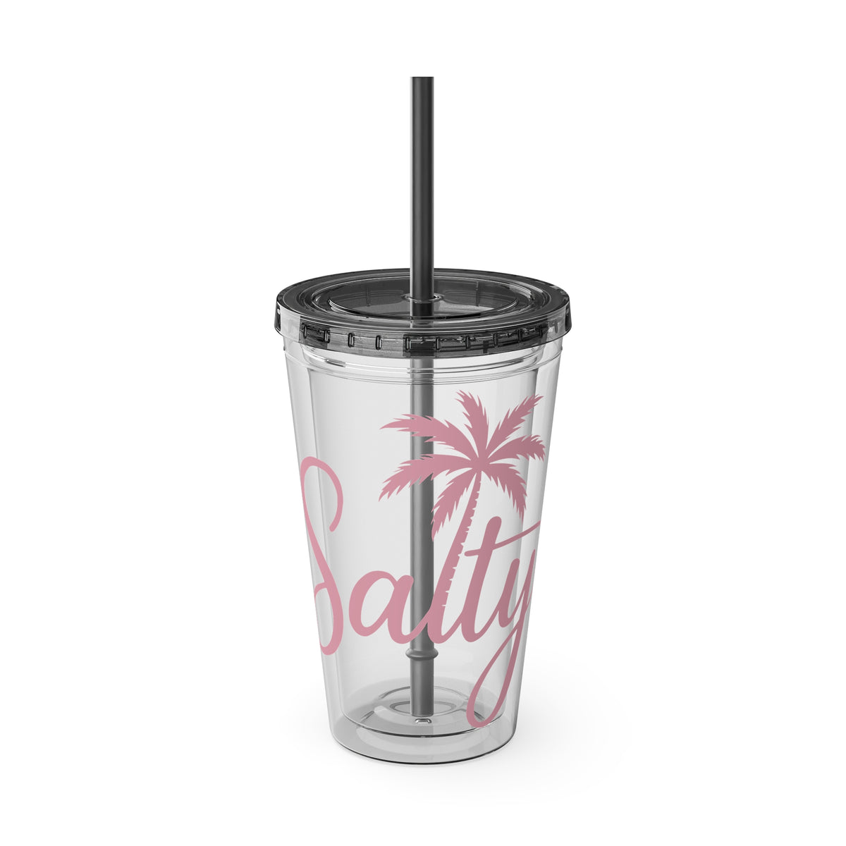 16oz Salty Palm Tumbler with Straw – Clear Beach-Inspired Reusable Cup
