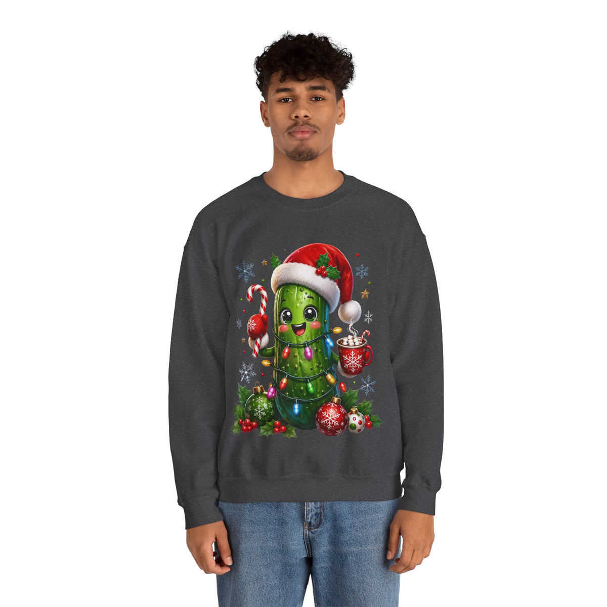MD - Christmas Pickle Sweatshirt – Cute Holiday Pickle in Santa Hat with Candy Cane & Hot Cocoa