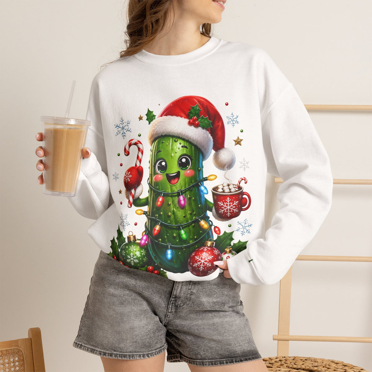 MD - Christmas Pickle Sweatshirt – Cute Holiday Pickle in Santa Hat with Candy Cane & Hot Cocoa