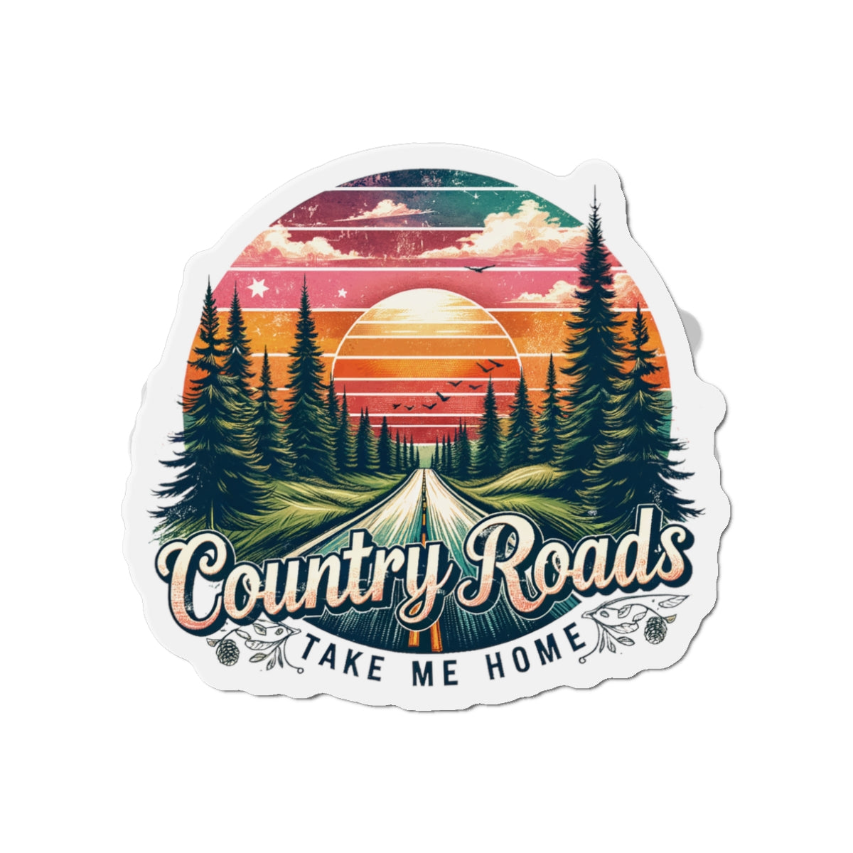 Country Roads Die-Cut Magnet — Vintage Sunset Forest Travel Sticker