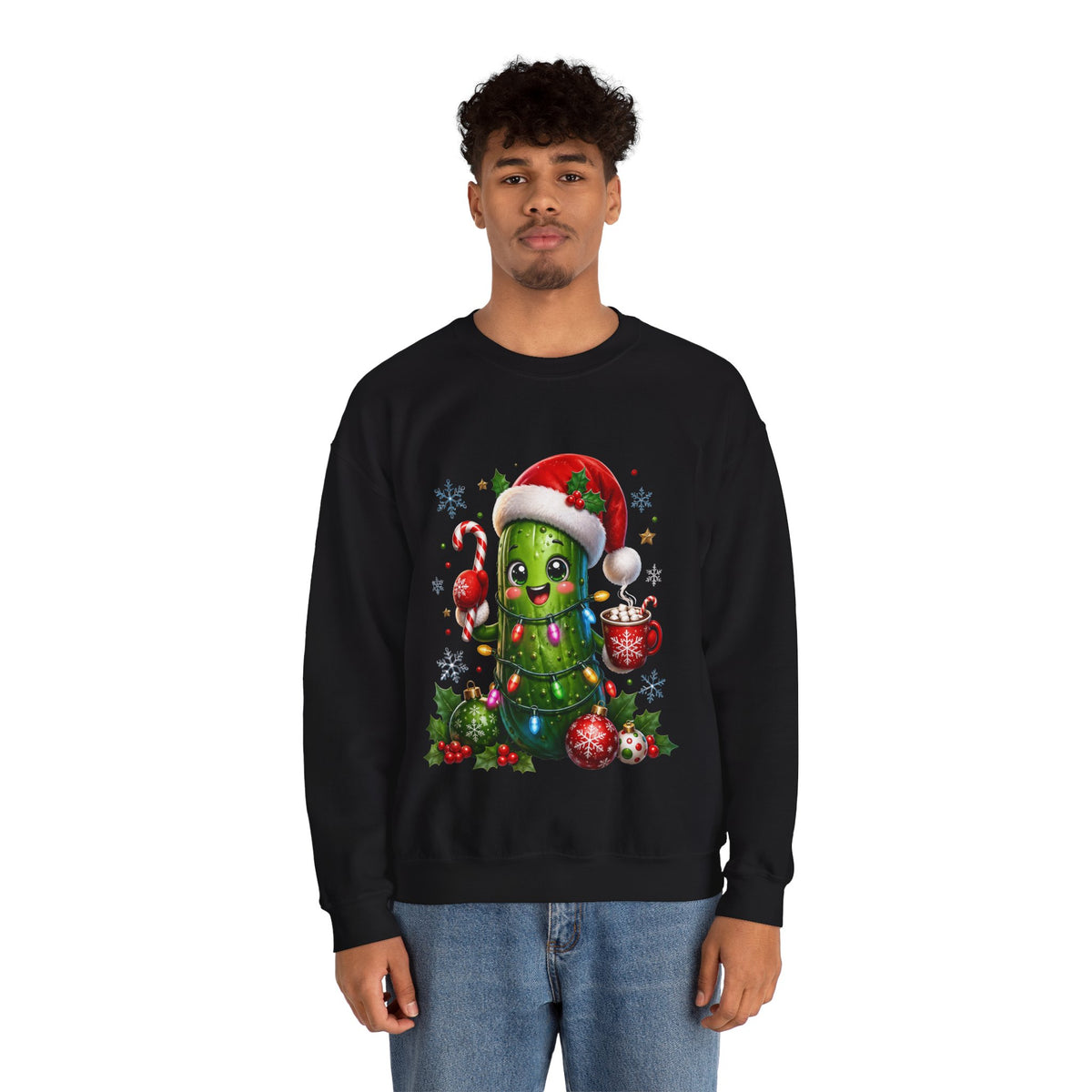Christmas Pickle Sweatshirt – Cute Santa Hat Pickle with Candy Cane & Hot Cocoa
