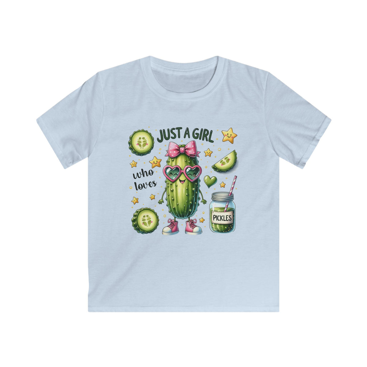 Kids Tee — "Just a Girl Who Loves Pickles" Cute Cactus Pickle Graphic
