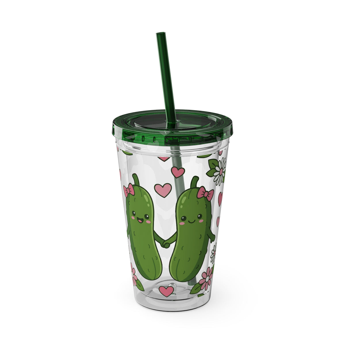 Full Wrap - Cute Pickle Love 16oz Tumbler with Straw — Floral Heart Kawaii Drink Cup