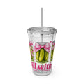 Larger Wrap - Dill With It Tumbler - 16oz Clear Plastic Cup with Straw (Cute Pickle Design)