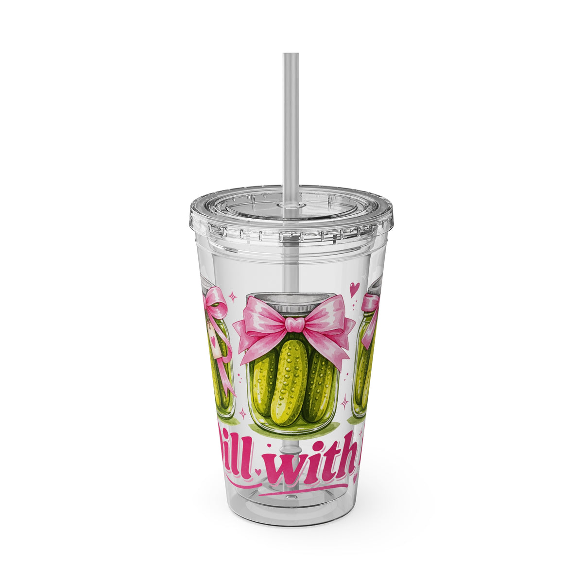 Larger Wrap - Dill With It Tumbler - 16oz Clear Plastic Cup with Straw (Cute Pickle Design)