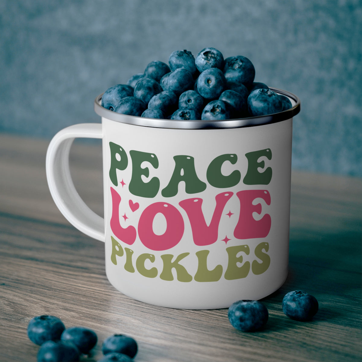 Enamel Camping Mug — 'Peace Love Pickles' Retro Hippie Camp Coffee Cup