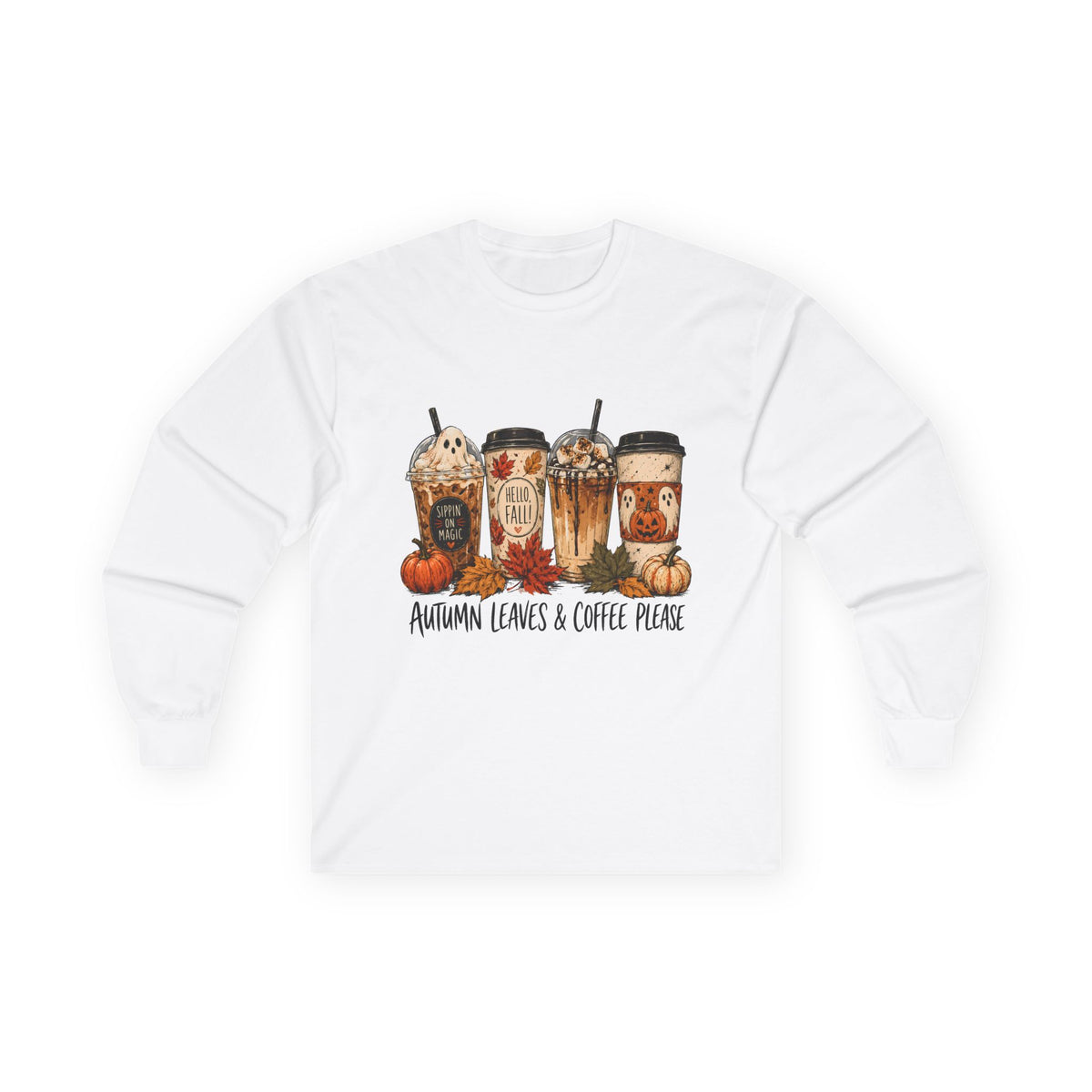 Autumn Leaves & Coffee People Long Sleeve Tee — Cozy Fall Coffee Graphic Shirt