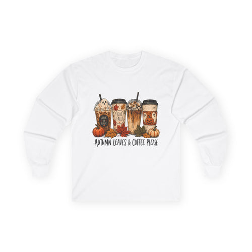 Autumn Leaves & Coffee People Long Sleeve Tee — Cozy Fall Coffee Graphic Shirt