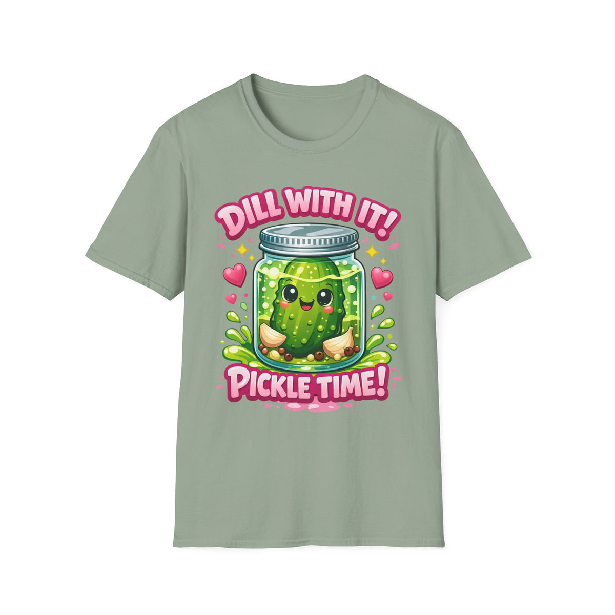 T-Shirt — Cute Kawaii Pickle Jar Design "Dill With It! Pickle Time!" | Funny Foodie Tee