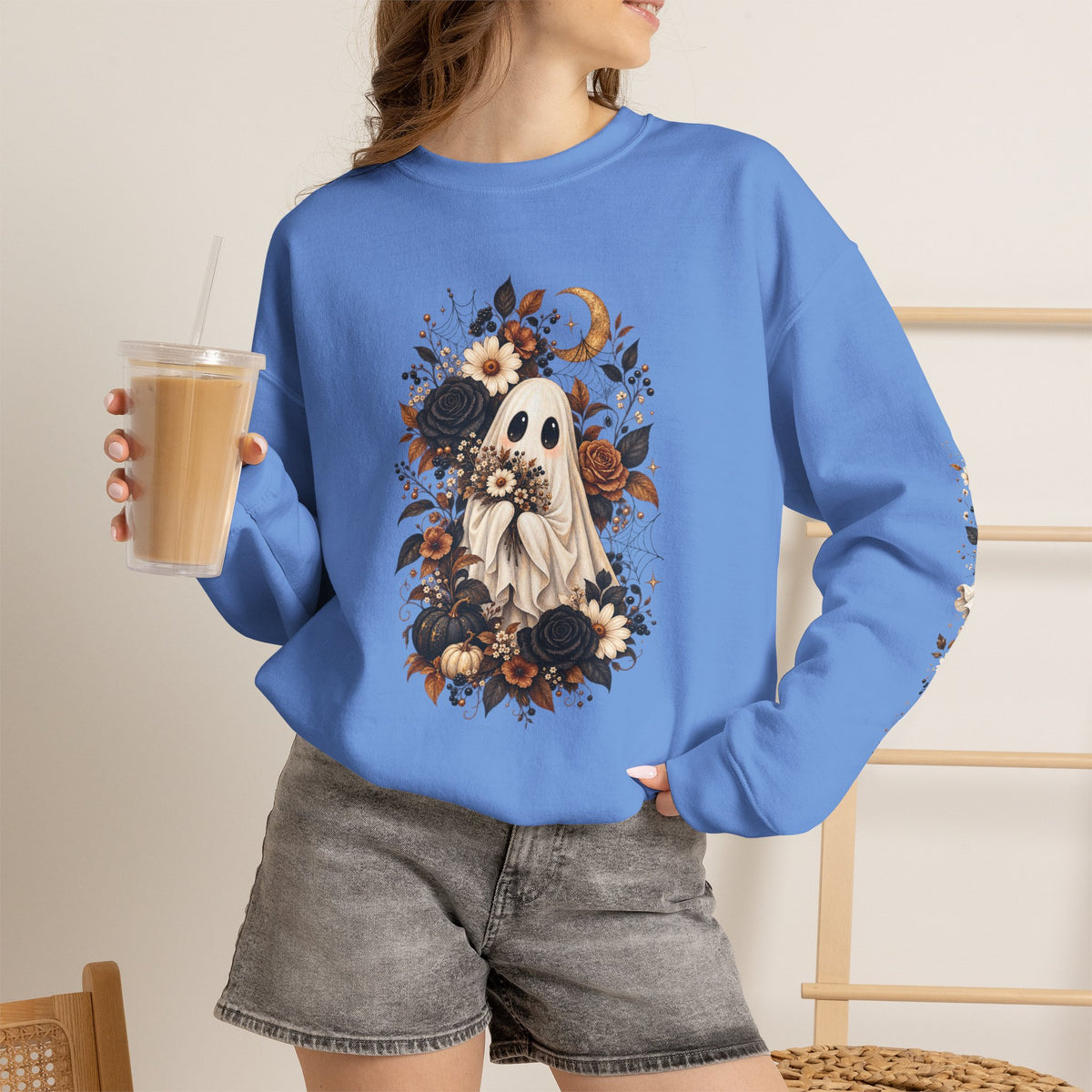 Ghost & Sunflower Crewneck Sweatshirt — Spooky Autumn Floral Pullover