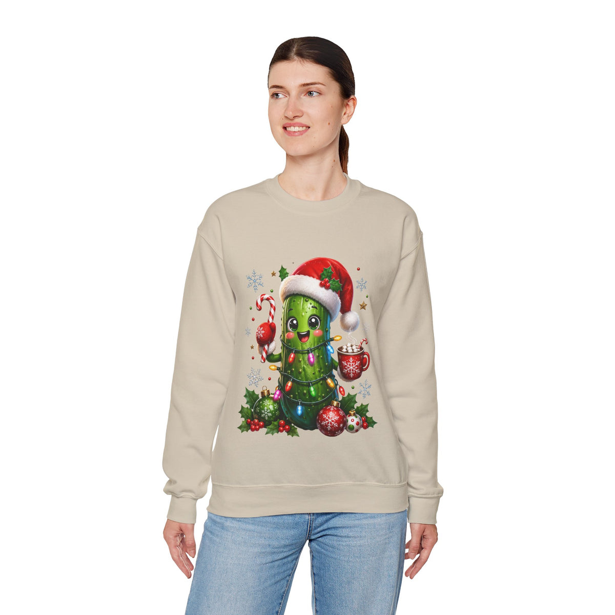 Christmas Pickle Sweatshirt – Cute Santa Hat Pickle with Candy Cane & Hot Cocoa
