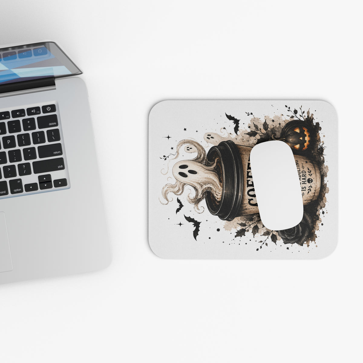 Halloween Coffee Ghost Mouse Pad — Spooky Pumpkin & Gothic Desk Mat