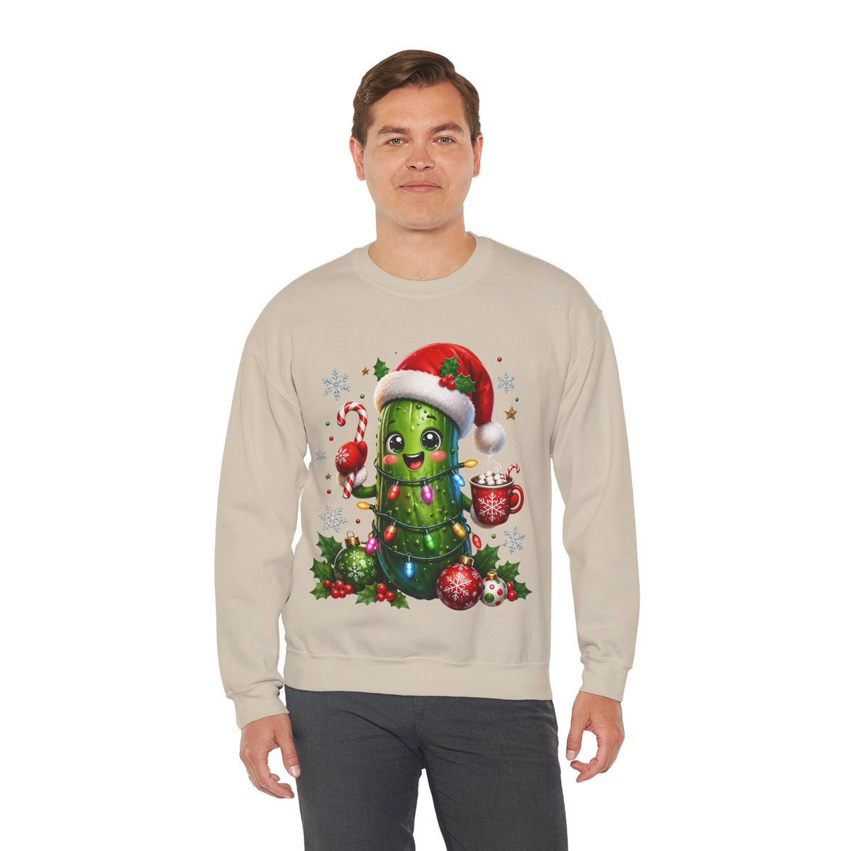 MD - Christmas Pickle Sweatshirt – Cute Holiday Pickle in Santa Hat with Candy Cane & Hot Cocoa