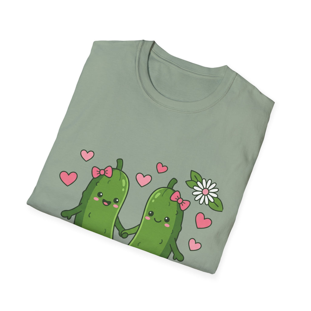Cute Pickle Couple T-Shirt — Kawaii Matching Pickles with Hearts & Flowers