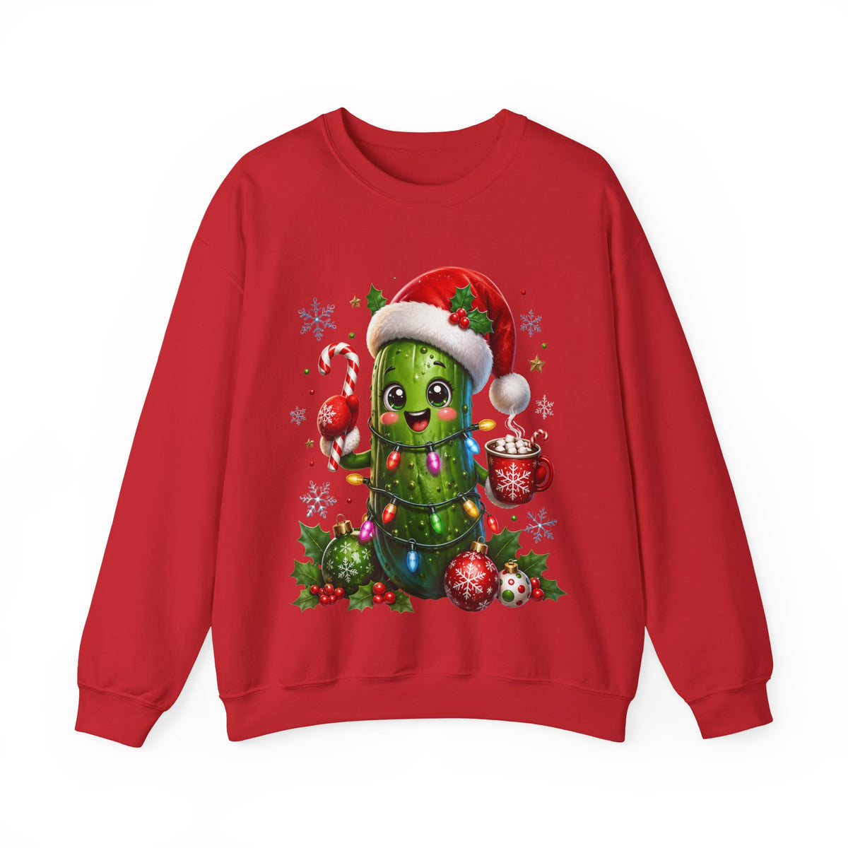 MD - Christmas Pickle Sweatshirt – Cute Holiday Pickle in Santa Hat with Candy Cane & Hot Cocoa