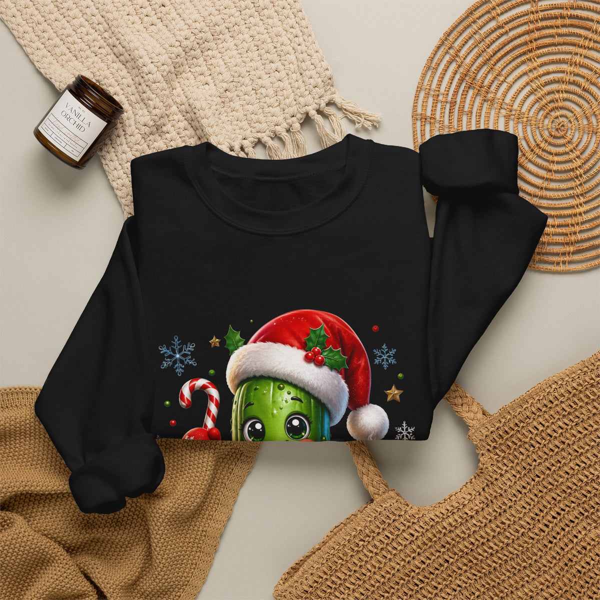 Christmas Pickle Sweatshirt – Cute Santa Hat Pickle with Candy Cane & Hot Cocoa