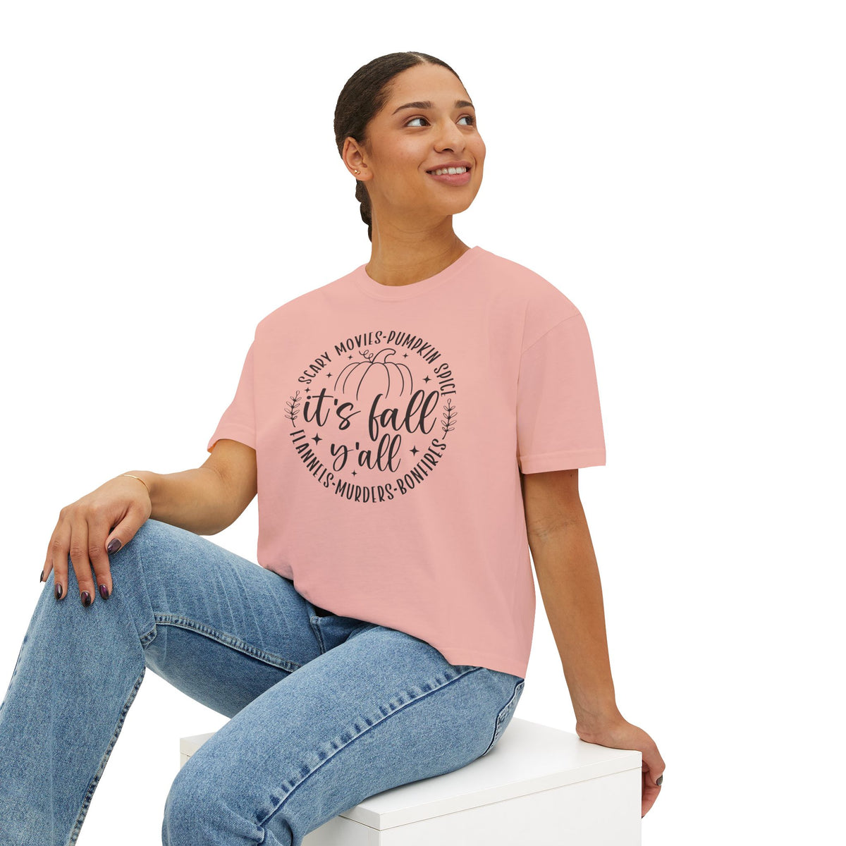 Fall Vibes Boxy Tee — "It's Fall Y'all" Pumpkin Graphic