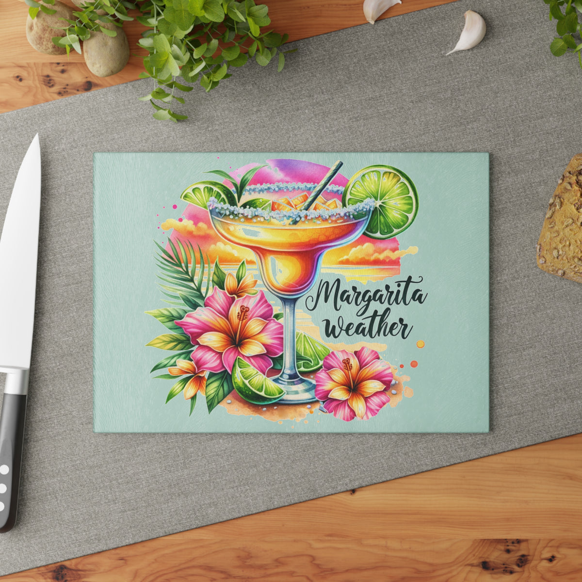 Glass Cutting Board — Margarita Weather Tropical Cocktail Design