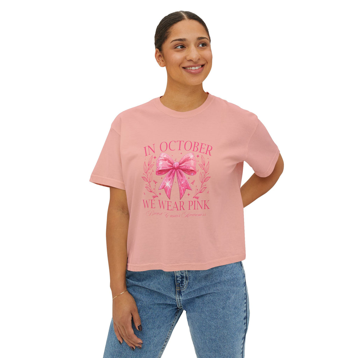 Breast Cancer Awareness Boxy Tee — "In October We Wear Pink" Pink Ribbon Shirt