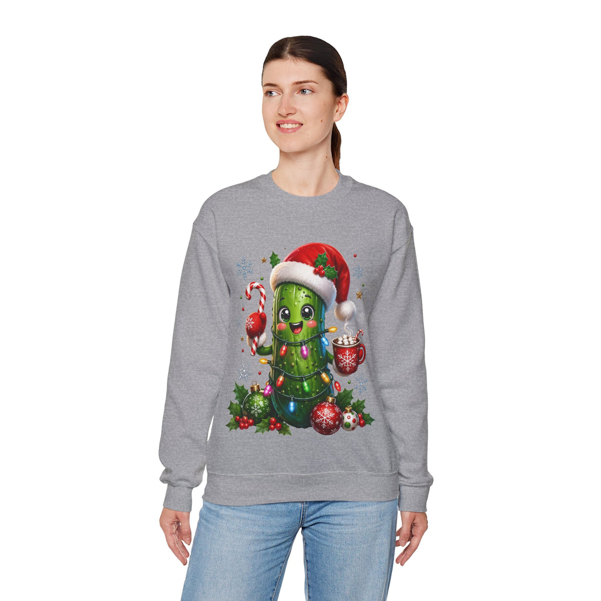 MD - Christmas Pickle Sweatshirt – Cute Holiday Pickle in Santa Hat with Candy Cane & Hot Cocoa