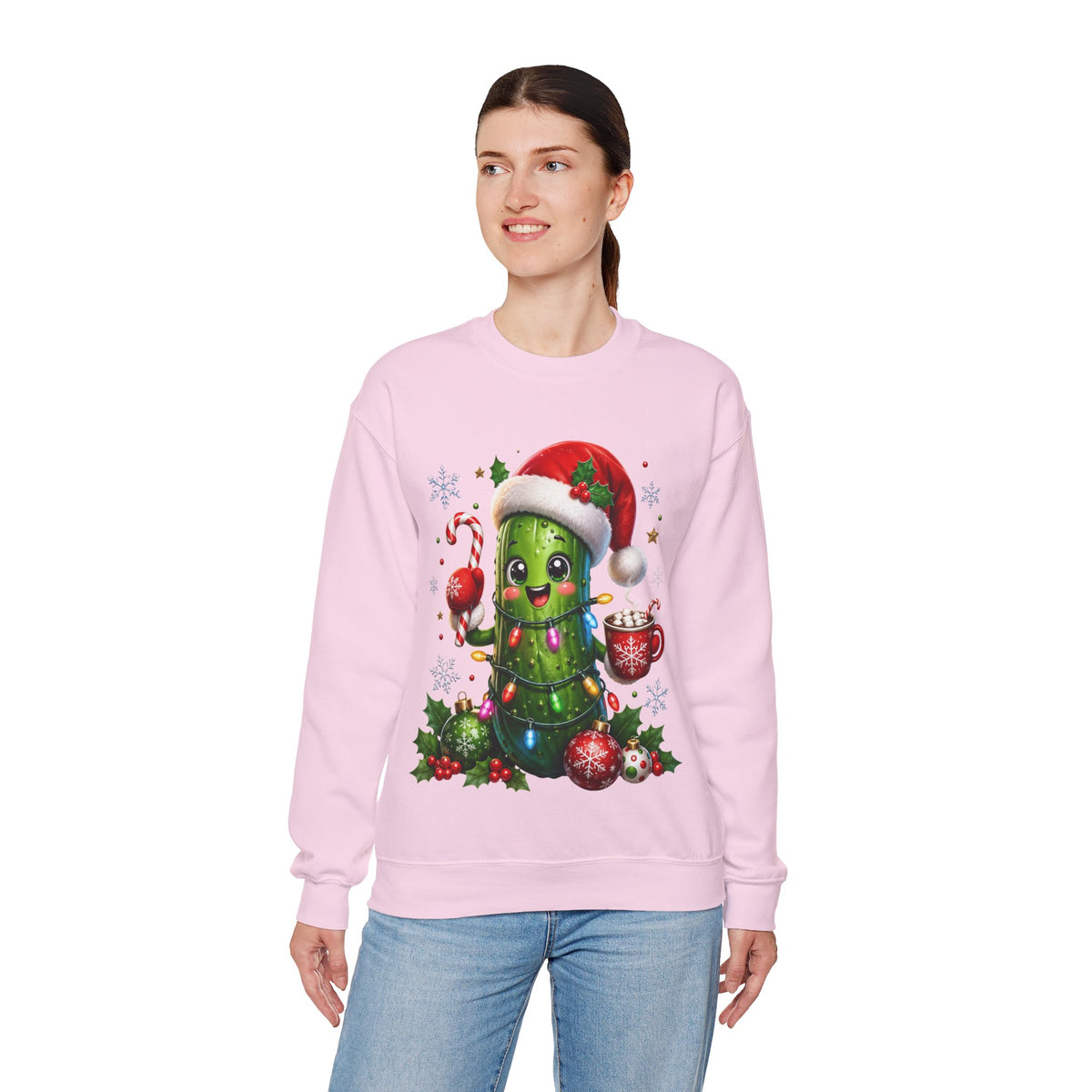 MD - Christmas Pickle Sweatshirt – Cute Holiday Pickle in Santa Hat with Candy Cane & Hot Cocoa