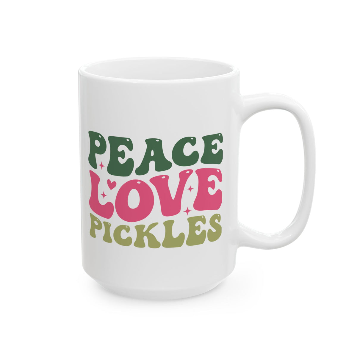 Peace, Love & Pickles Ceramic Mug (11oz/15oz) — Retro Peaceful Kitchen Gift