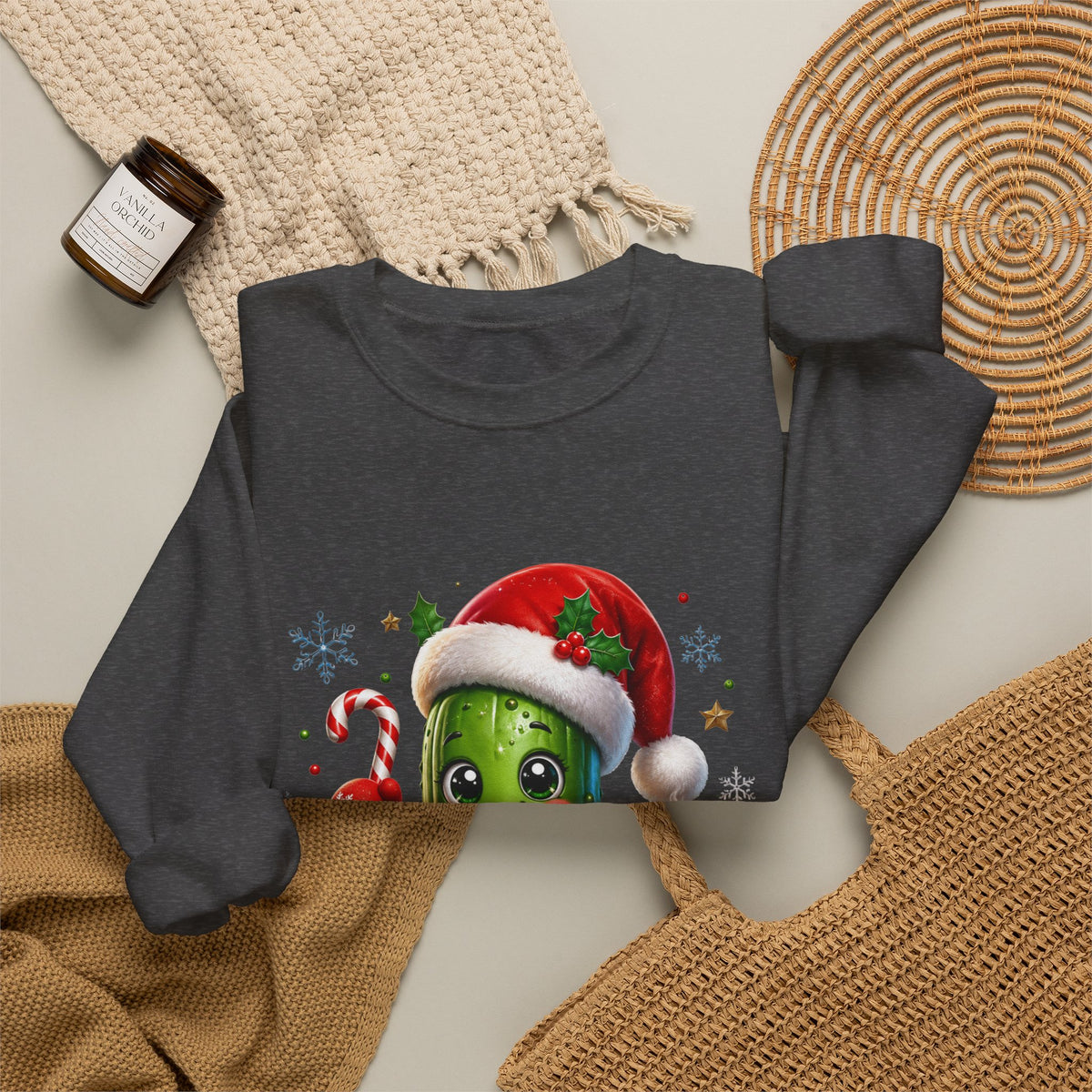 Christmas Pickle Sweatshirt – Cute Santa Hat Pickle with Candy Cane & Hot Cocoa