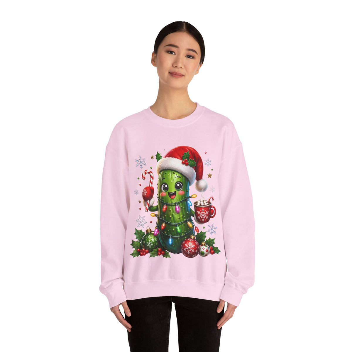 MD - Christmas Pickle Sweatshirt – Cute Holiday Pickle in Santa Hat with Candy Cane & Hot Cocoa