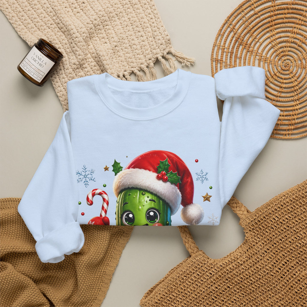 MD - Christmas Pickle Sweatshirt – Cute Holiday Pickle in Santa Hat with Candy Cane & Hot Cocoa