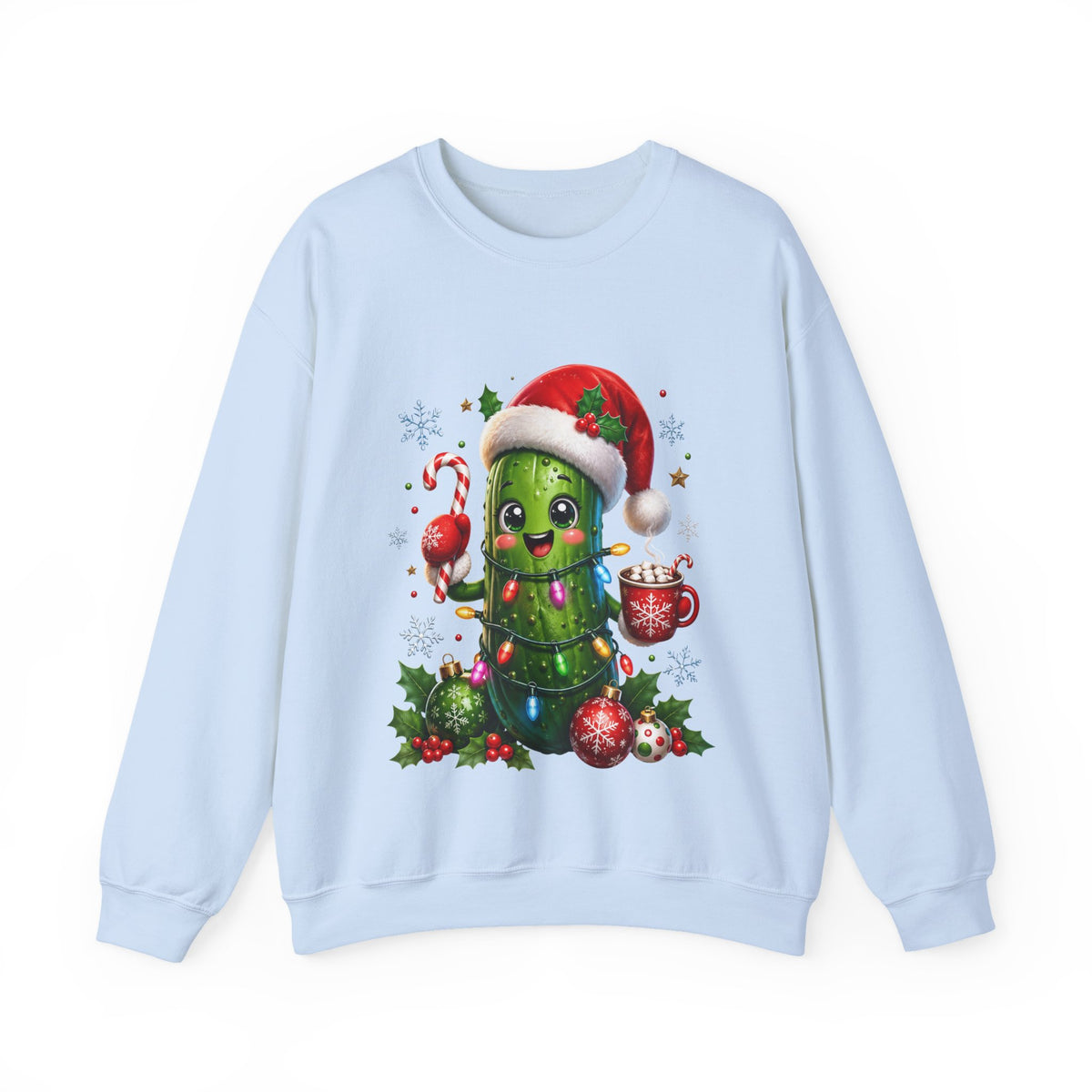 Christmas Pickle Sweatshirt – Cute Santa Hat Pickle with Candy Cane & Hot Cocoa