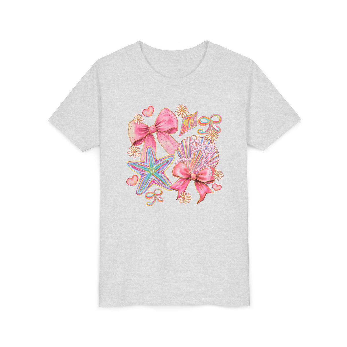 Kids Tee — Pink Seashells & Bows Beach Graphic