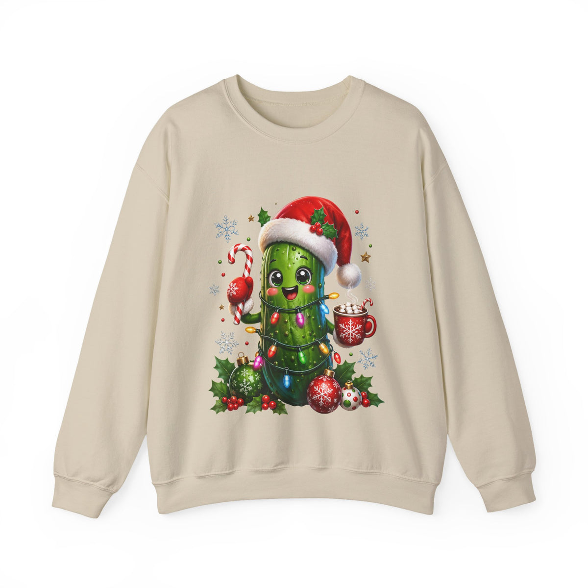 Christmas Pickle Sweatshirt – Cute Santa Hat Pickle with Candy Cane & Hot Cocoa