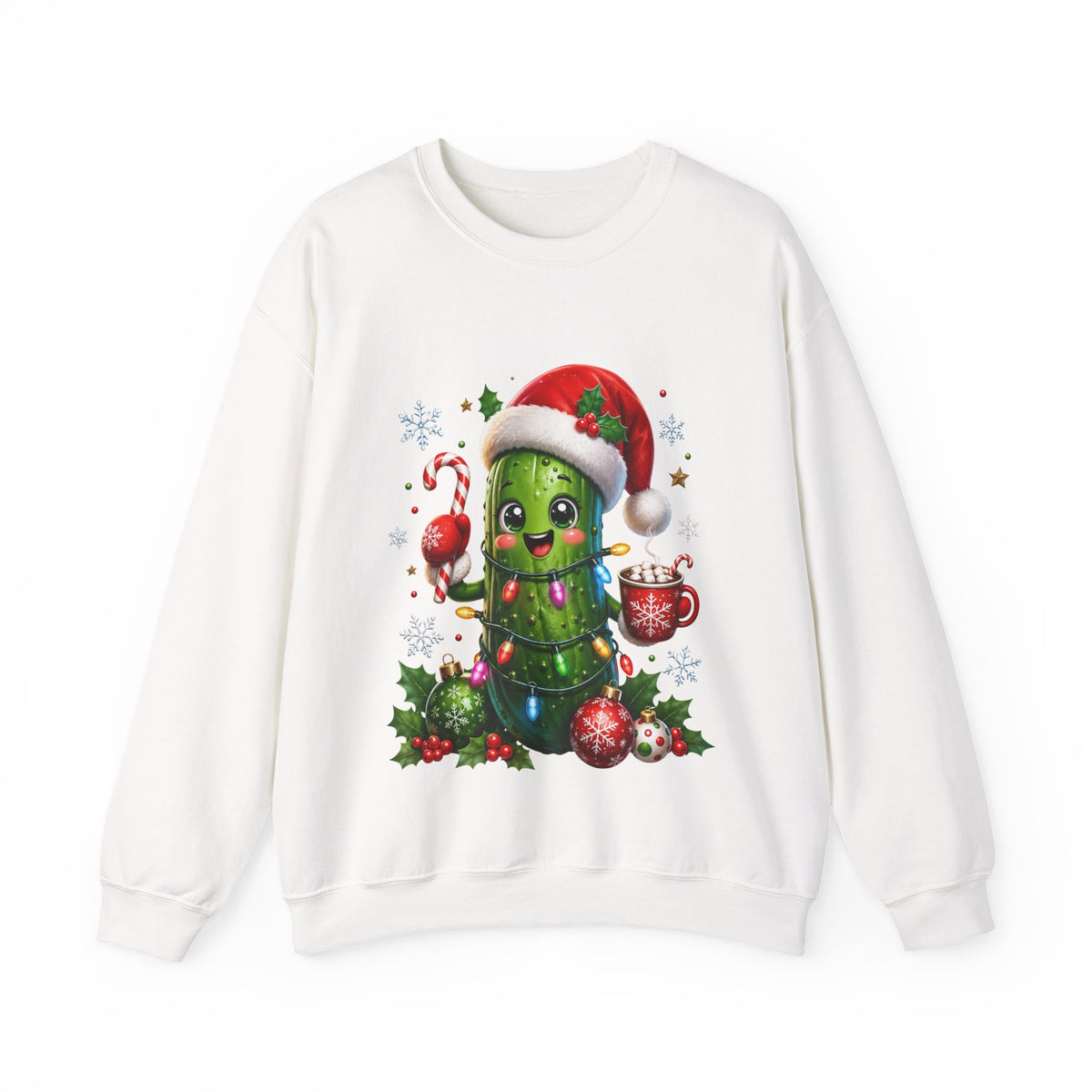 Christmas Pickle Sweatshirt – Cute Santa Hat Pickle with Candy Cane & Hot Cocoa