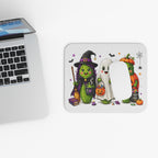 Halloween Pickle Trio Mouse Pad — Cute Witch, Ghost & Jack-o'-Lantern Design