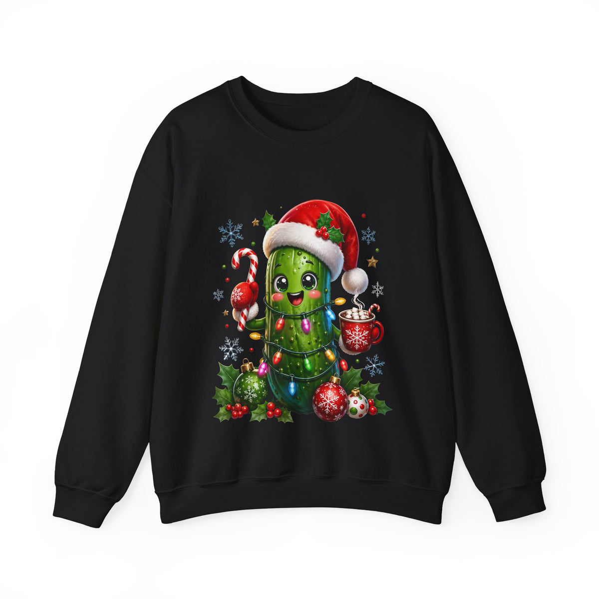 Christmas Pickle Sweatshirt – Cute Santa Hat Pickle with Candy Cane & Hot Cocoa