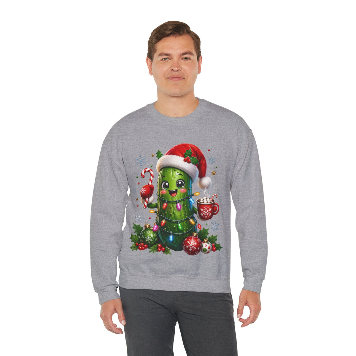 MD - Christmas Pickle Sweatshirt – Cute Holiday Pickle in Santa Hat with Candy Cane & Hot Cocoa