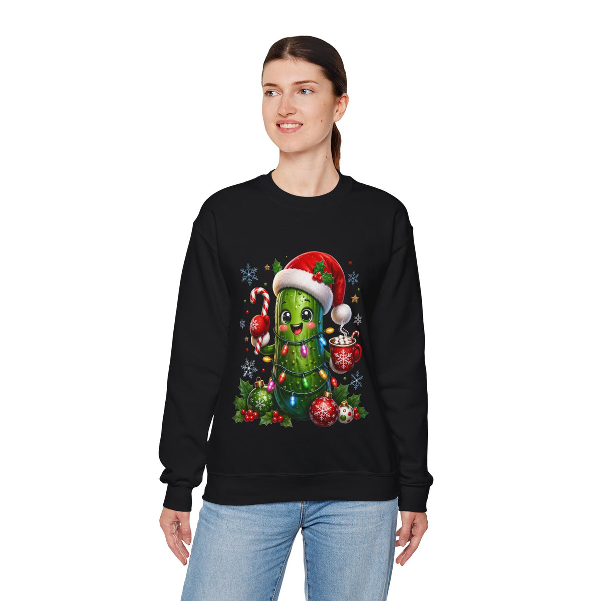 Christmas Pickle Sweatshirt – Cute Santa Hat Pickle with Candy Cane & Hot Cocoa