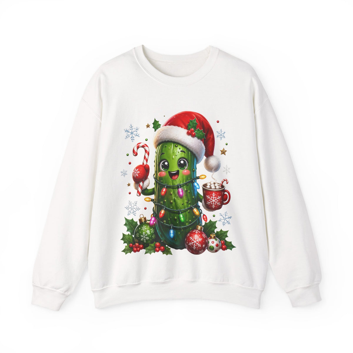 MD - Christmas Pickle Sweatshirt – Cute Holiday Pickle in Santa Hat with Candy Cane & Hot Cocoa