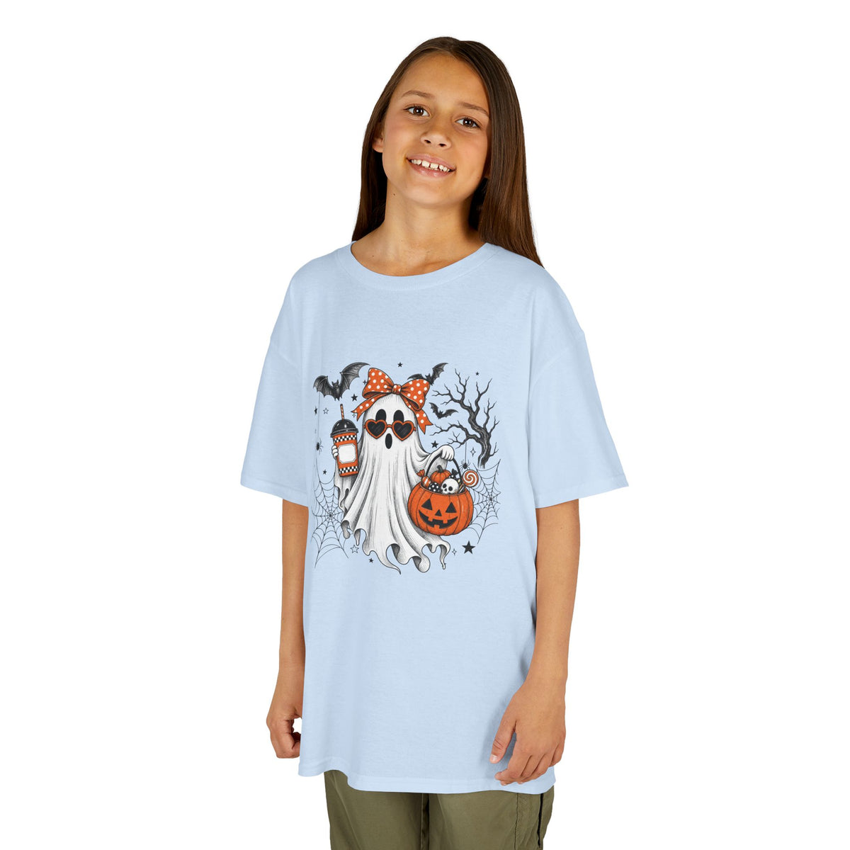 Kids Halloween Ghost Tee – Cute Pumpkin, Bat & Spiderweb Trick-or-Treat Design