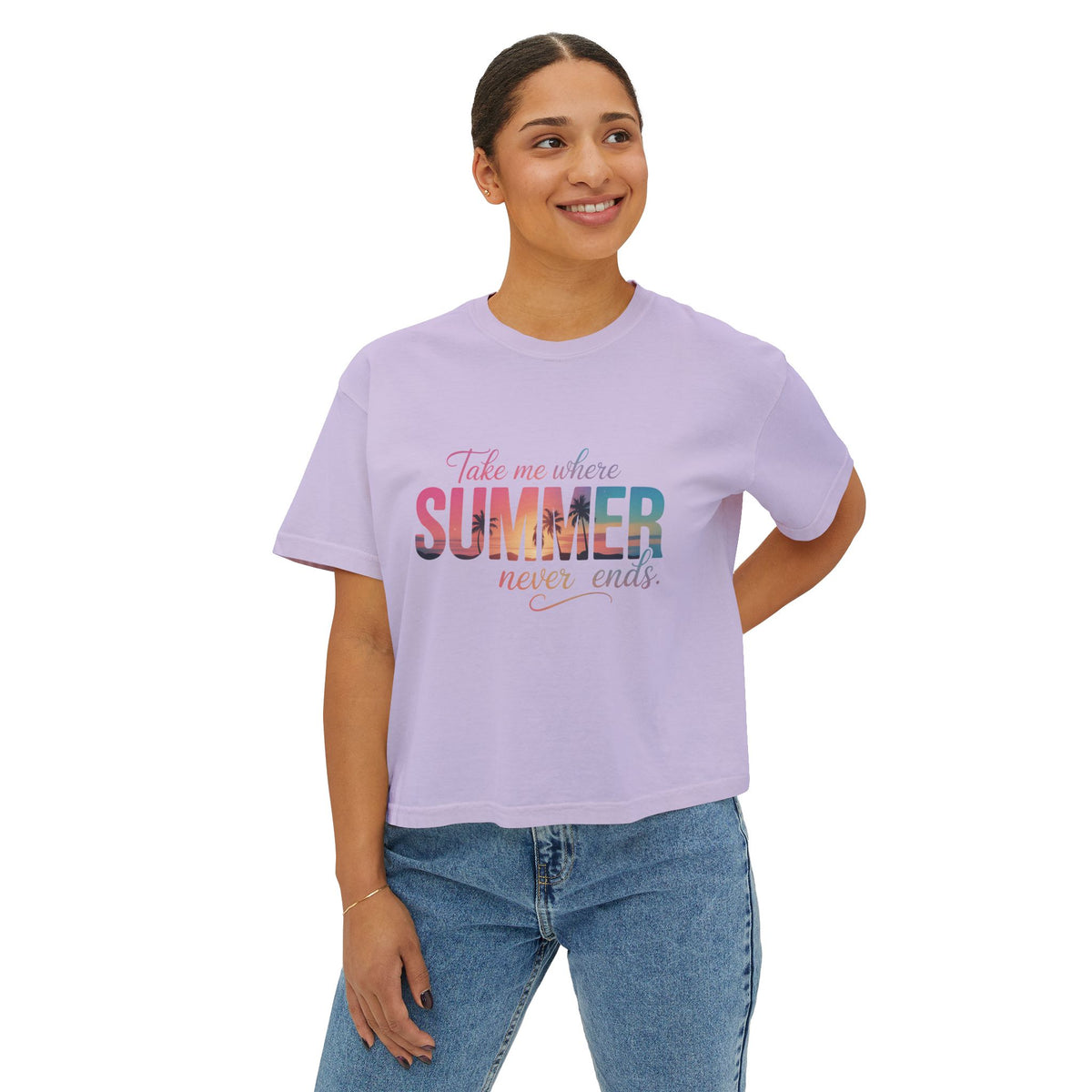 Summer Vibe Boxy Tee — "Take Me Where Summer Never Ends"