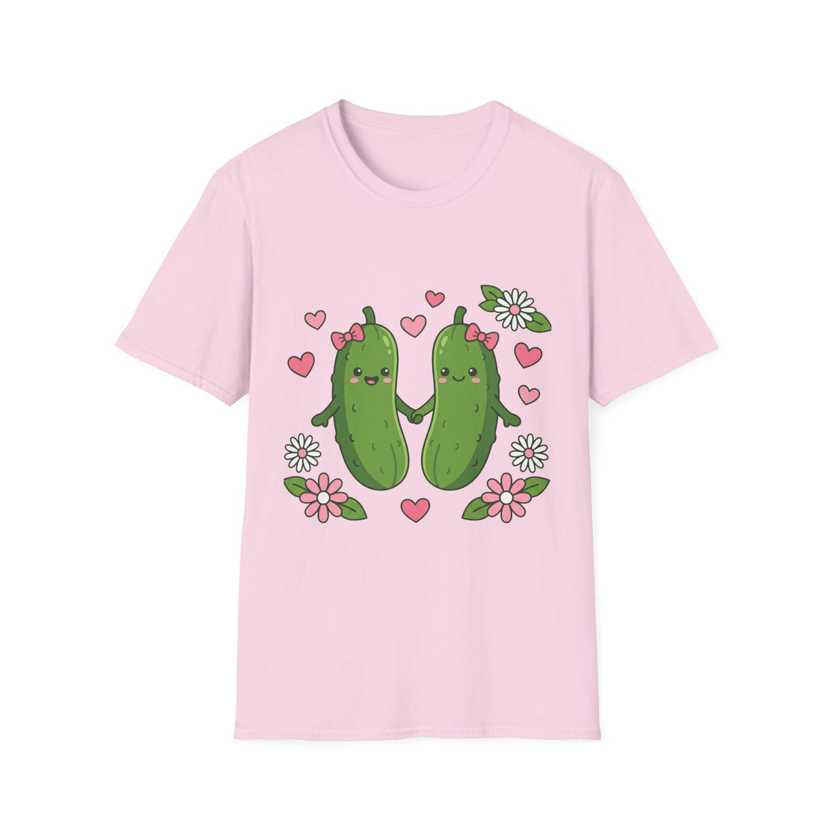 Cute Pickle Couple T-Shirt — Kawaii Matching Pickles with Hearts & Flowers
