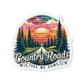Country Roads Die-Cut Magnet — Vintage Sunset Forest Travel Sticker
