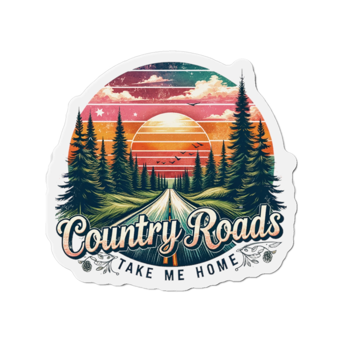 Country Roads Die-Cut Magnet — Vintage Sunset Forest Travel Sticker